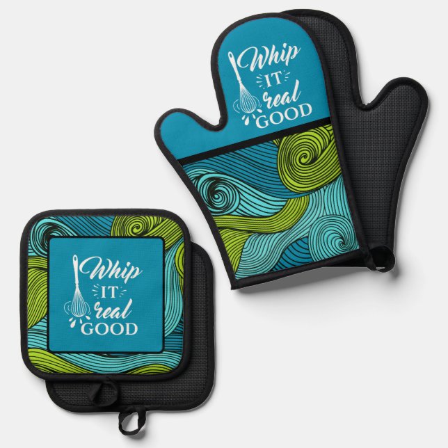 Whip it Real Good Funny Foodie Message Oven Mitt & Pot Holder Set (Front/Back)
