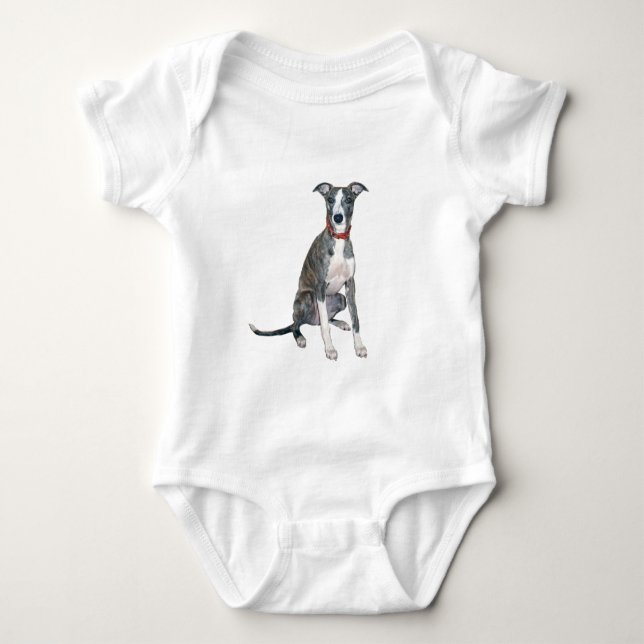 Whippet (brindle/white) baby bodysuit (Front)