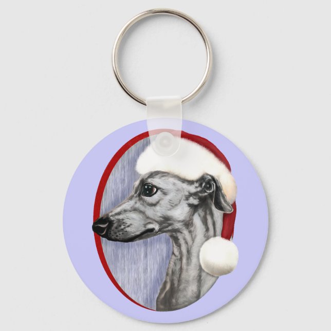 Whippet Christmas Black Santa Key Ring (Front)