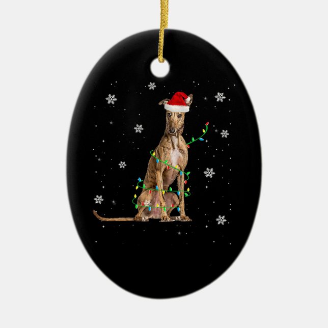 Whippet Christmas Light Cute Santa Whippet Xmas Ceramic Tree Decoration (Front)