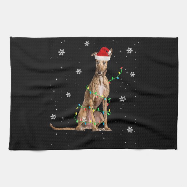 Whippet Christmas Light Cute Santa Whippet Xmas Tea Towel (Horizontal)
