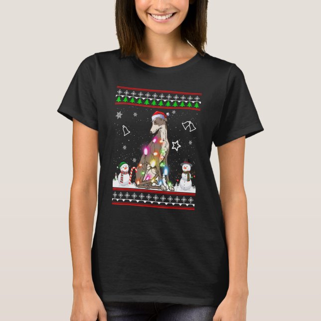 Whippet Dog Christmas Lights Ugly Christmas Sweate T-Shirt (Front)
