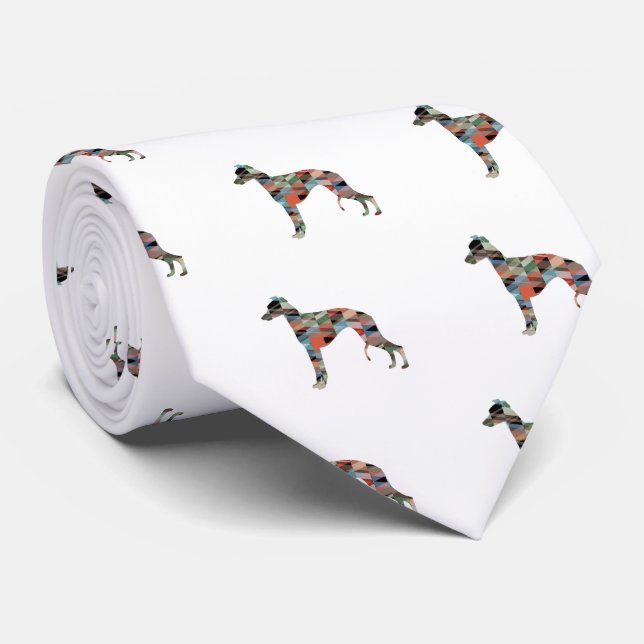 Whippet Dog Geometric Pattern Silhouette Plaid Tie (Rolled)