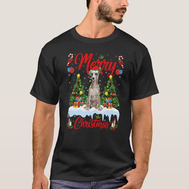 Whippet Dog Lights Xmas Tree Santa Whippet Christm T-Shirt (Front)
