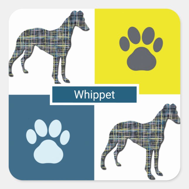 Whippet Dog & Paw Y&B Grid Square Sticker (Front)