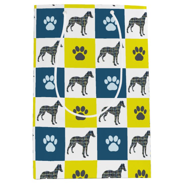 Whippet Dog & Paw Yellow & Blue Grid Medium Gift Bag (Front)