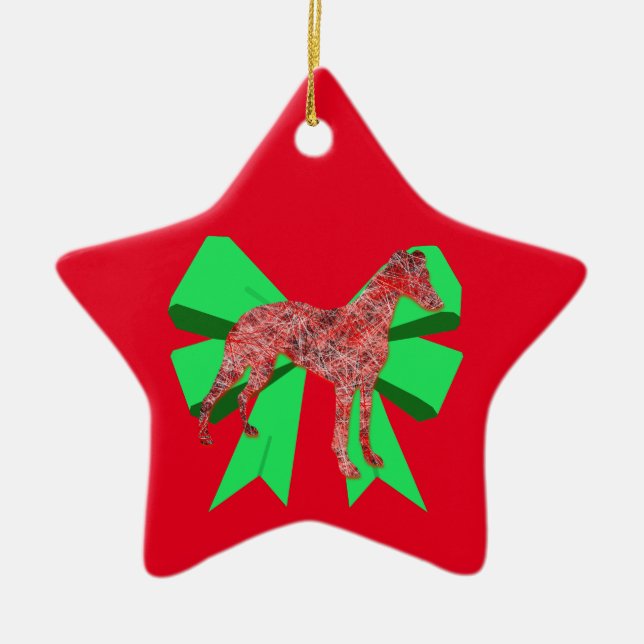 Whippet Dog Silhouette Green Bow Christmas Ceramic Tree Decoration (Front)