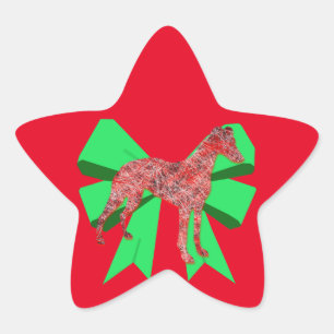 Whippet Dog Silhouette Green Bow Christmas Star Sticker