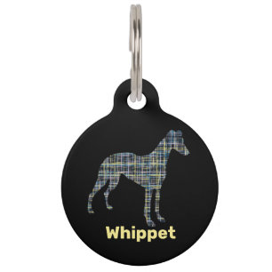 Whippet Dog Silhouette Yellow & Black Grid Pet Tag