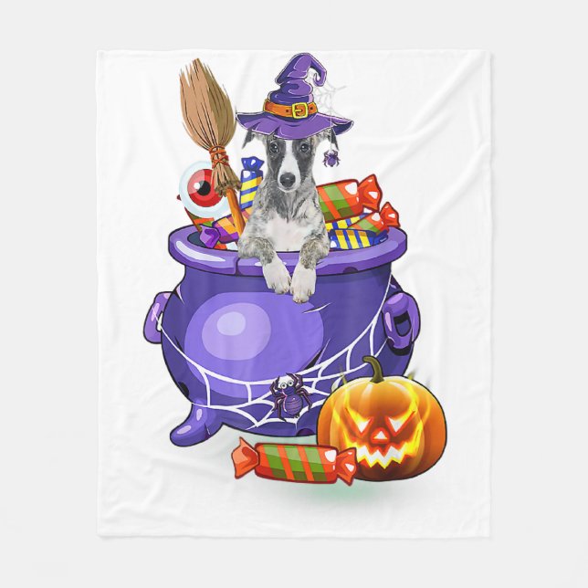 Whippet Dog with witch hat Candy Pumpkin Halloween Fleece Blanket (Front)