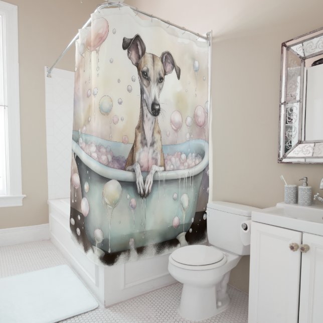 Whippet In Bathtub Watercolor Dog Art  Shower Curtain (In Situ)