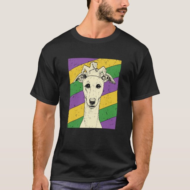 Whippet Jester Mardi Gras Dog Mom or Dad T-Shirt (Front)