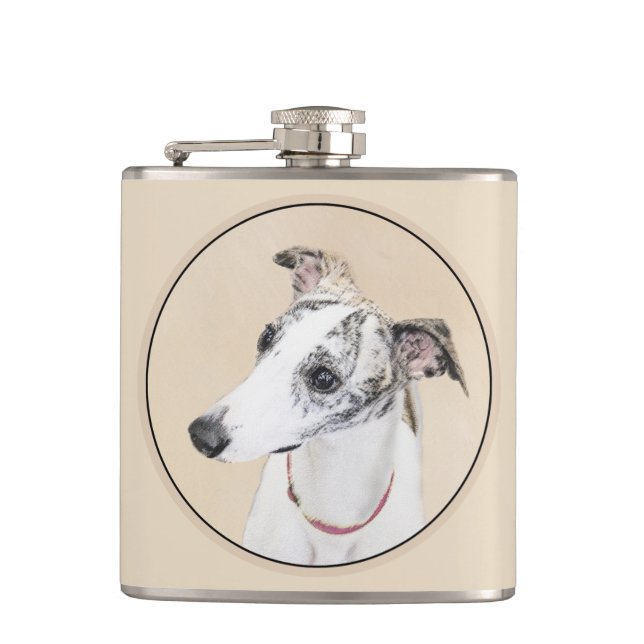 Whippet Painting - Cute Original Dog Art Hip Flask (Front)