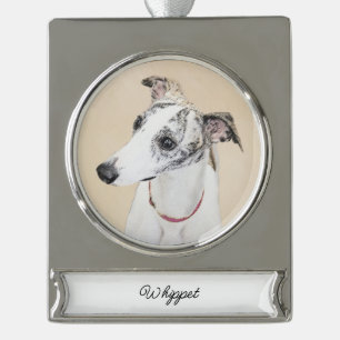 Whippet Painting - Cute Original Dog Art Silver Pl Plated Banner Ornament