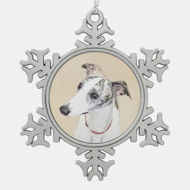 Whippet Painting - Cute Original Dog Art Snowflake Pewter Christmas Ornament (Front)