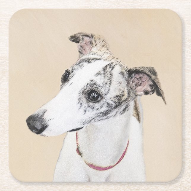 Whippet Painting - Cute Original Dog Art Square Paper Coaster (Front)
