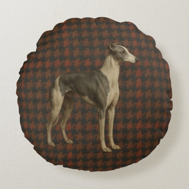 Whippet round cushion. Whippet on tweed/tartan Round Cushion (Front)