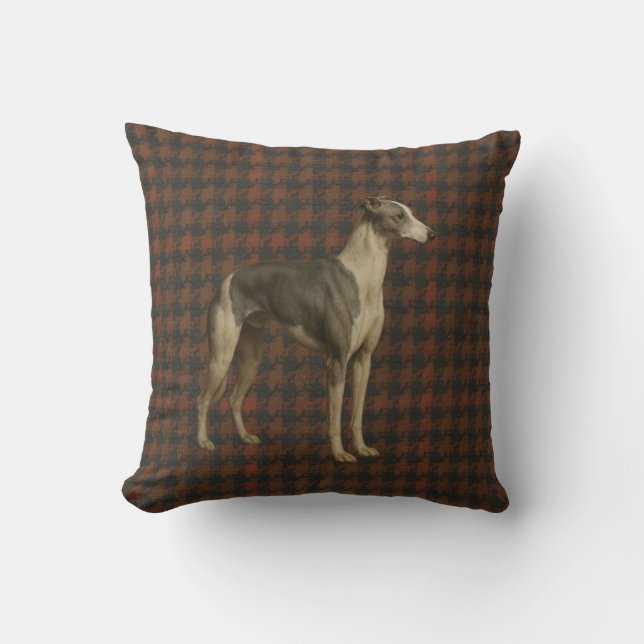 Whippet throw cushion. Whippet on tweed/tartan Cushion (Front)