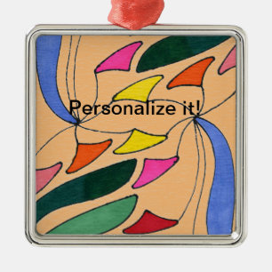 "Whirl-a-Gig design in multi-coloured square Metal Tree Decoration