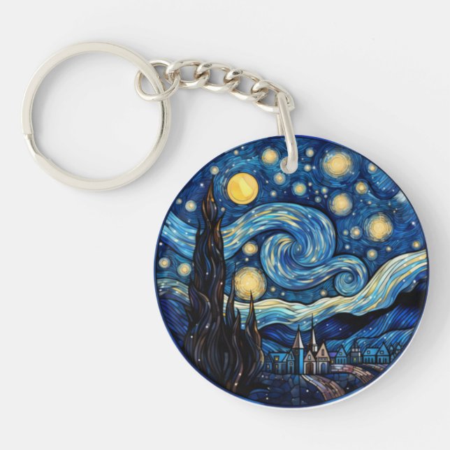 Whirling Starry Night-Inspired Art Print Key Ring (Front)