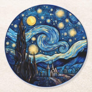Whirling Starry Night-Inspired Art Print Round Paper Coaster