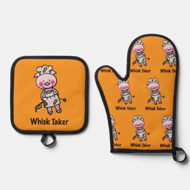 Whisk Taker Pig - Funny Chef Design Oven Mitt & Pot Holder Set (Front)