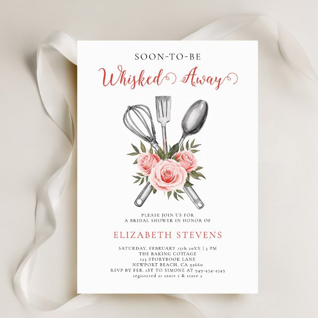 Whisked Away Baking Cooking Roses Bridal Shower Invitation (whisked away kitchen baking cooking bridal shower invitation tools bouquet roses watercolor pink)