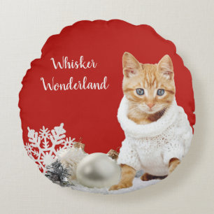 Whisker Wonderland Red Cat Round Throw Pillow