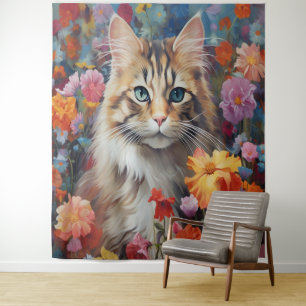 Whiskered Harmony: Cat Blossom Floral Tapestry
