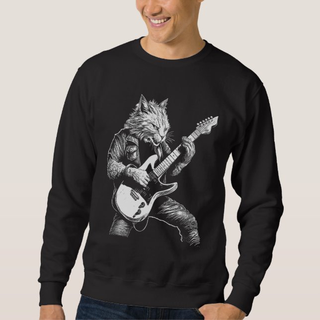 Whiskered Rockstar Cat Shredding the Strings Sweatshirt (Front)