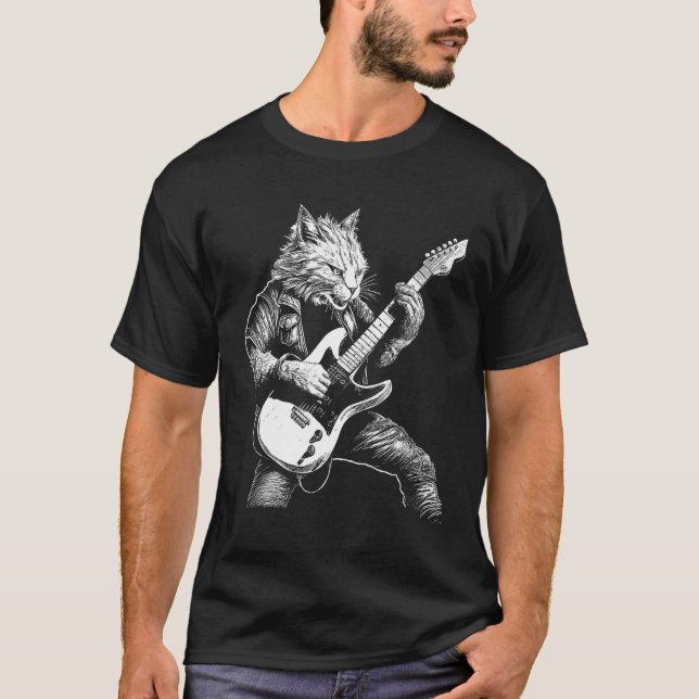 Whiskered Rockstar Cat Shredding the Strings T-Shirt (Front)