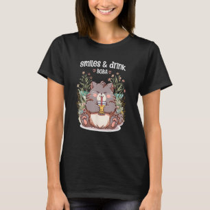 Whiskers and Boba Bliss Funny Cat Smile Enjoying B T-Shirt