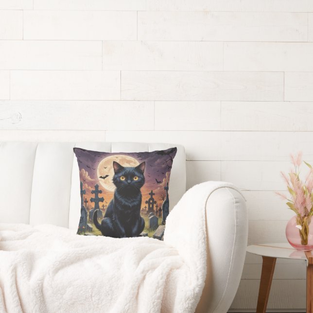 Whiskers of the Witching Hour - Black Cat Cushion (Couch)