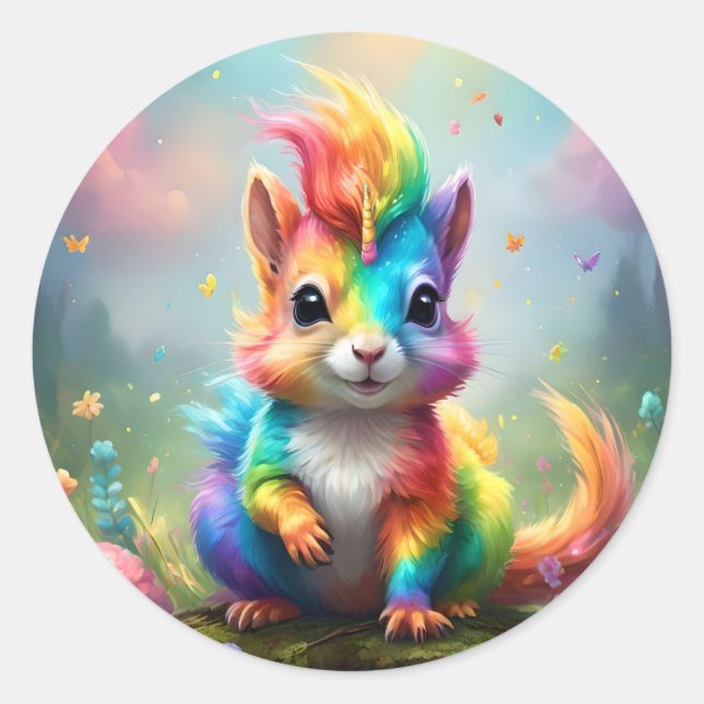 Whiskers of Wonder: The Rainbow Unicorn Squirrel  Classic Round Sticker (Front)