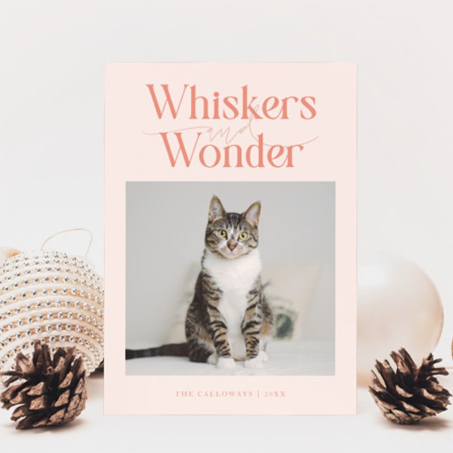 Whiskers & Wonder Cat Photo Peach Christmas Holiday Card (Creator Uploaded)