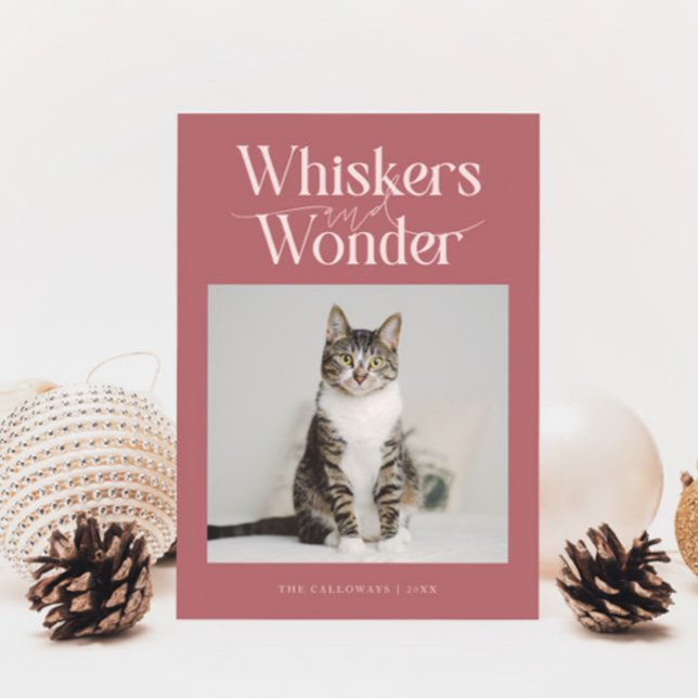Whiskers & Wonder Cat Photo Pink Christmas Holiday Card (Creator Uploaded)