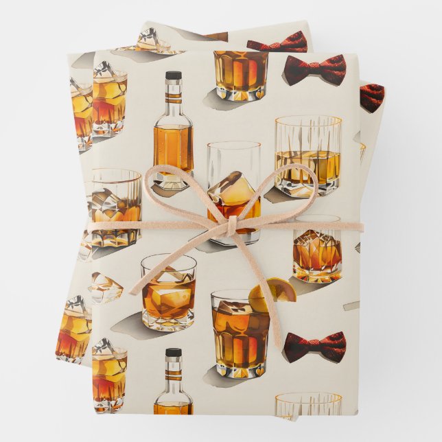Whiskey and bow ties design wrapping paper sheet (In situ)