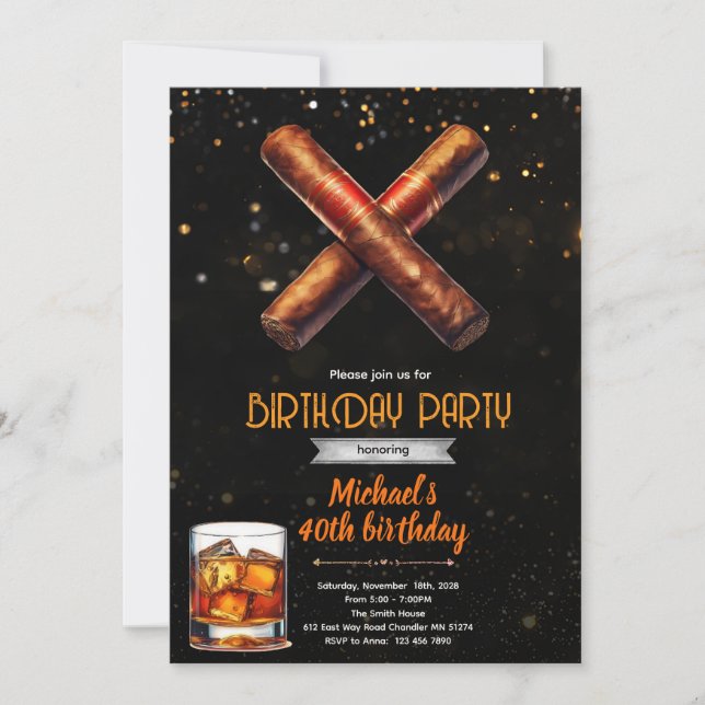 Whiskey and Cigars Birthday Invitation (Front)