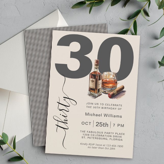Whiskey and Cigars Masculine 30th Birthday Party Invitation (Available in both printed and instant download digital formats.)