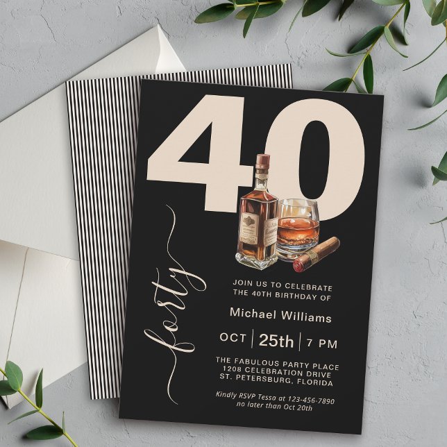 Whiskey and Cigars Masculine 40th Birthday Party Invitation (Available in both printed and instant download digital formats.)