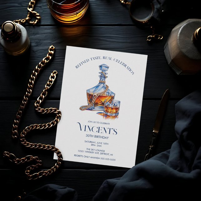 Whiskey and Gold Cuban Links Mens Birthday Invitation (Men's Whiskey and Gold Cuabn Link Invitation)