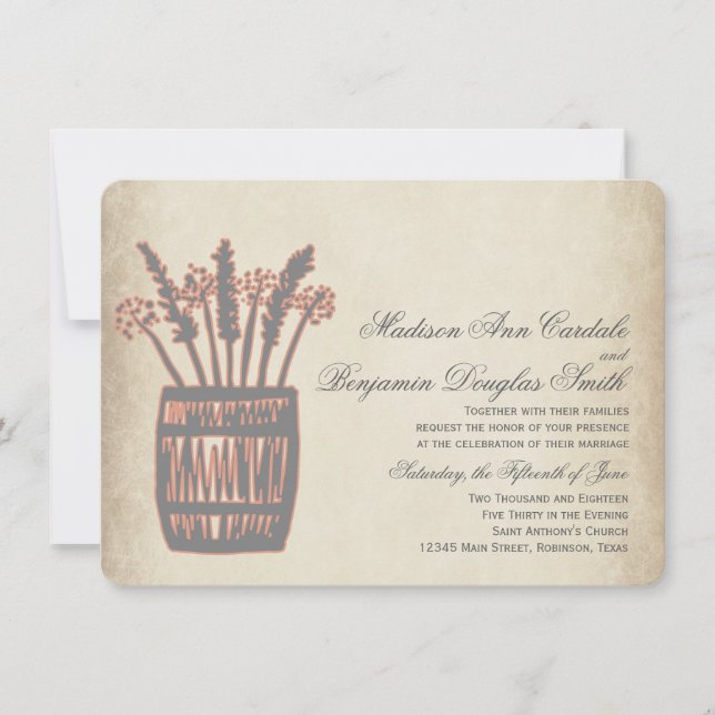 Whiskey Barrel of Wheat Rustic Wedding Invitations (Front)