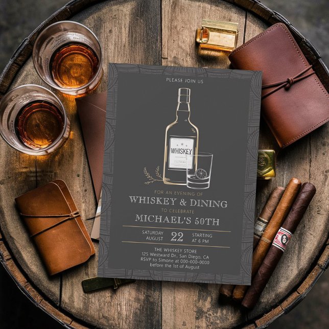 Whiskey Dining Black White Modern 50th Birthday Invitation (whiskey lover 50th birthday invitation men barrel bottle fine dining elegant black white modern)