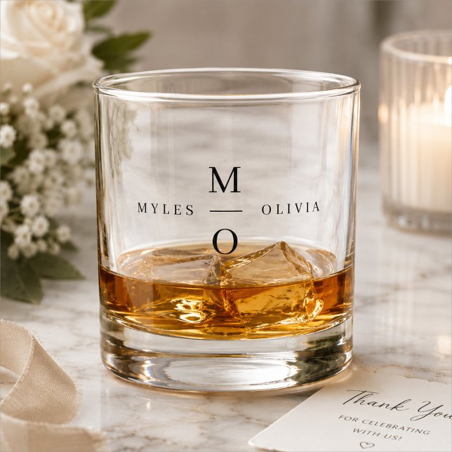 Whiskey Glass | Personalised Wedding Monogram Gift (Personalized wedding whiskey glass with couple initials, names, and elegant barware style)