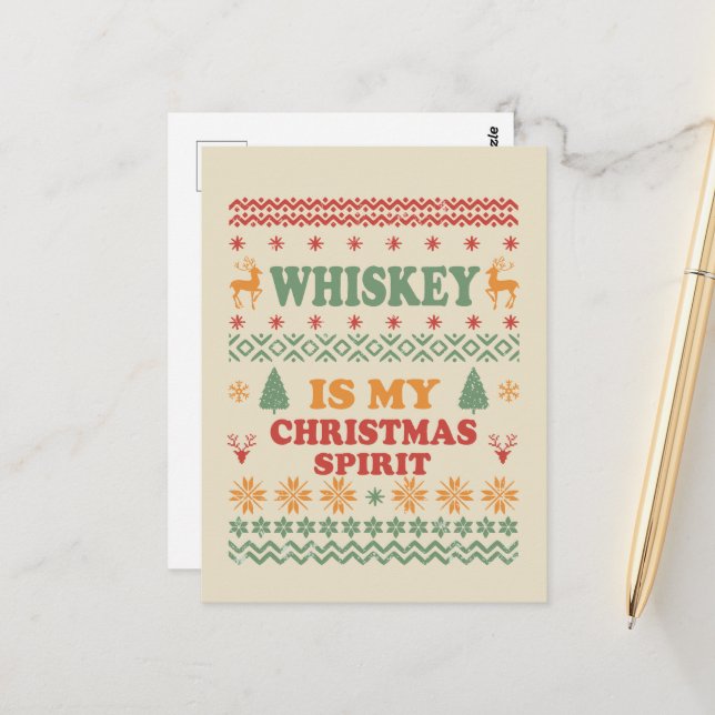 Whiskey is my christmas spirit funny ugly sweater postcard (Front/Back In Situ)