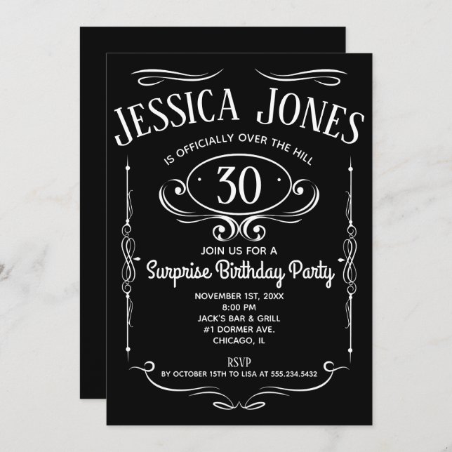 Whiskey Label Over The Hill Invitation (Front/Back)