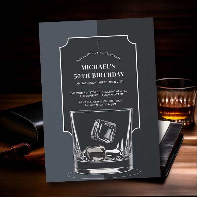 Whiskey Lover Black Grey Modern 50th Birthday Invitation (whiskey lover 50th birthday invitation men modern minimalist elegant black white modern)