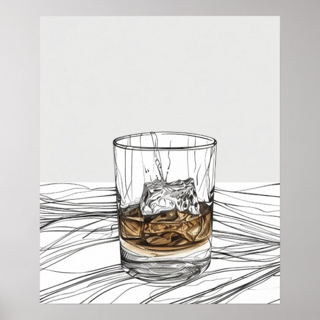Whiskey on the rocks glass minimalist line art poster (Front)