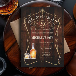Whiskey Perfection Rustic Dark Wood 50th Birthday Invitation