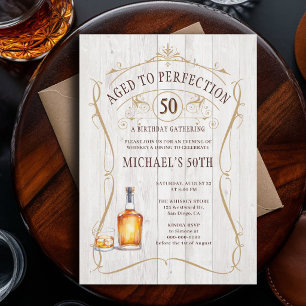 Whiskey Perfection Rustic White Wood 50th Birthday Invitation